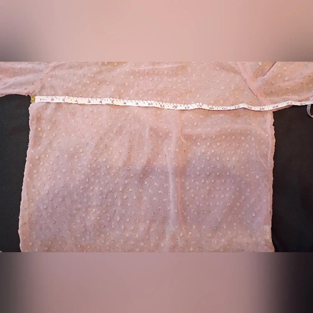Pink Sheer Chiffon Clip Dot Mock Neck Long Sleeve Blouse - Picture 10 of 13